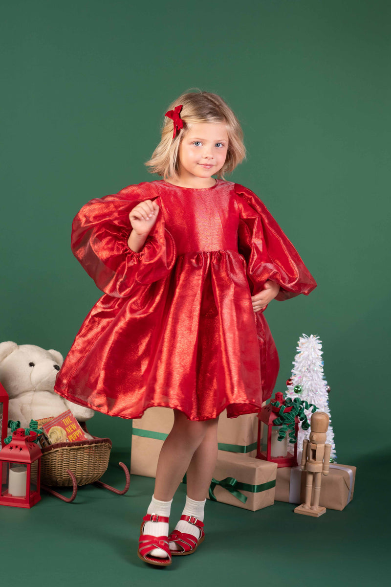 RED METALLIC PUFF SLEEVE DRESS Rock Your Baby