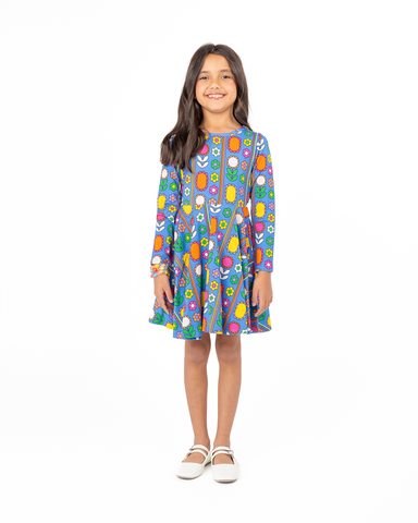 NORDIC FLORAL LONG SLEEVE WAISTED DRESS