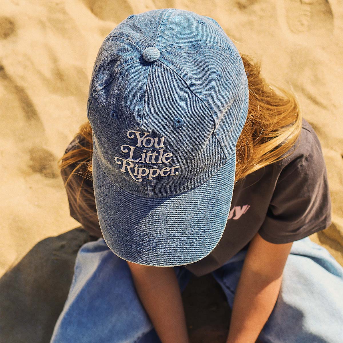 You Little Ripper kids cotton cap in washed blue denim with pale blue embroidery
