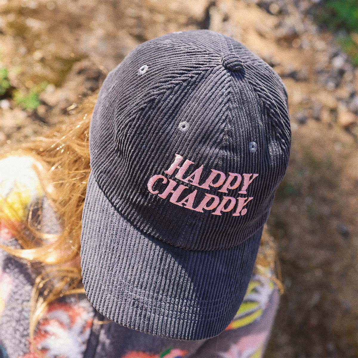 Kids Happy Chappy cord cap in carbon with pink embroidery