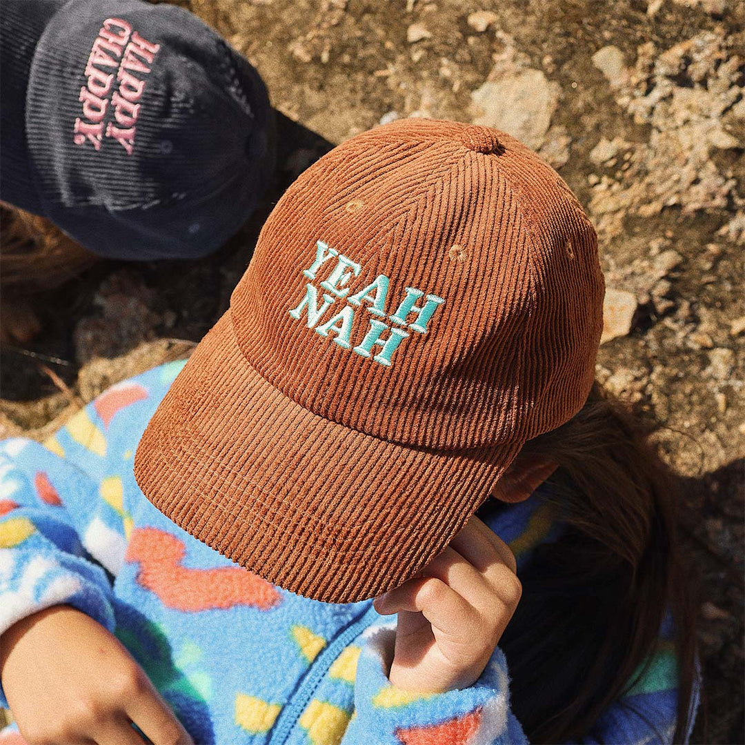 Kids Yeah Nah cord cap in tobacco brown with cream embroidery