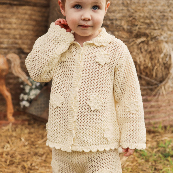 Crochet Cardigan in Vanilla - Kynd Baby girls knit