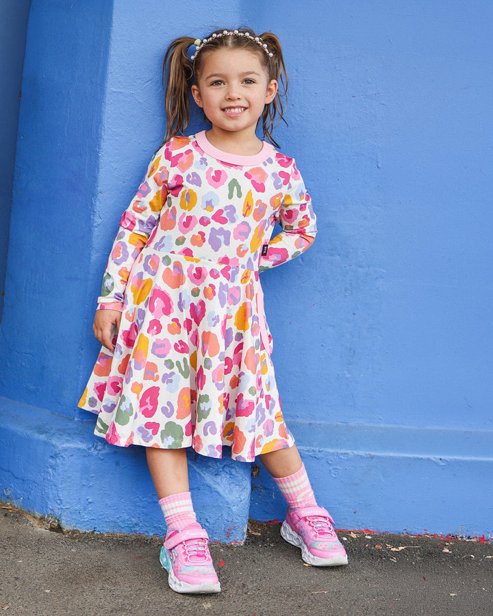 RAINBOW LEOPARD LONG SLEEVE POLLY DRESS