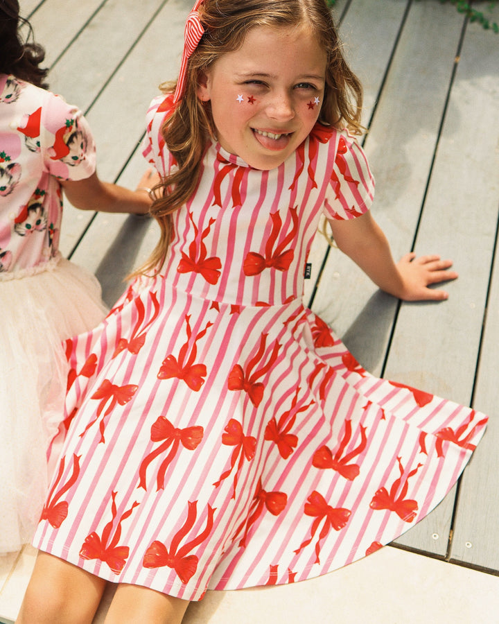 WAISTED DRESS IN PINK CLAY STRIPE