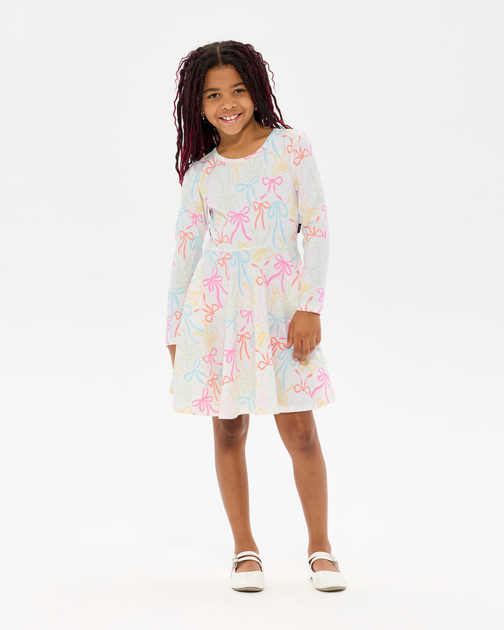 RIBBONS LONG SLEEVE WAISTED DRESS