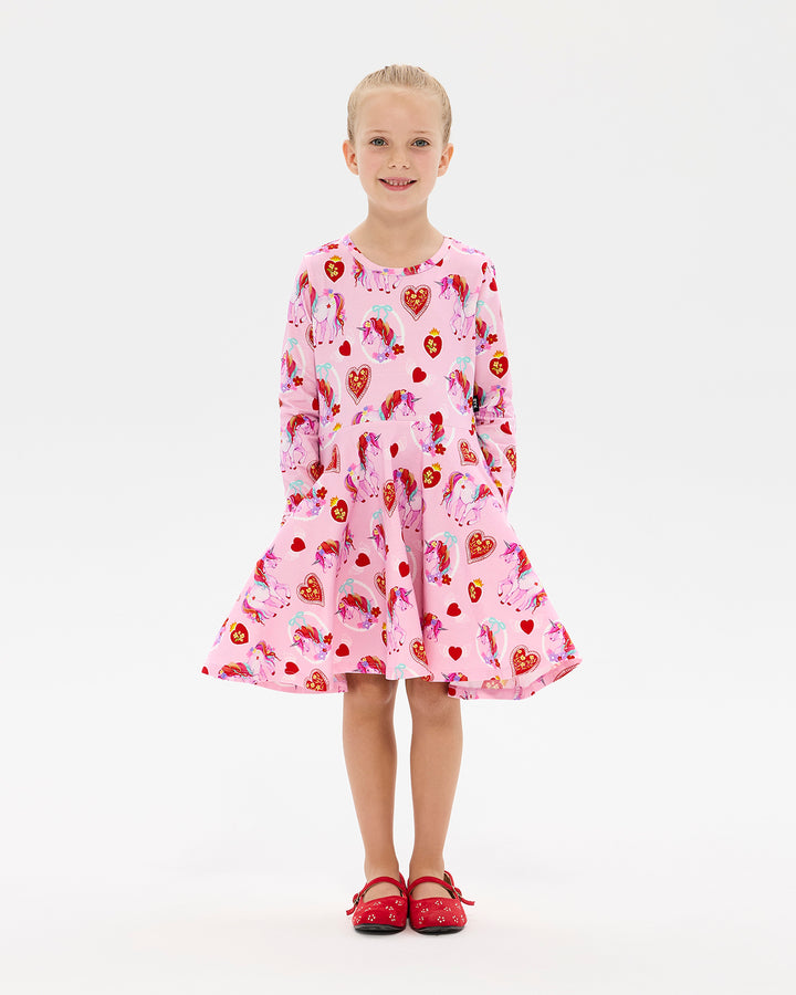 UNICORN HEARTS LONG SLEEVE WAISTED DRESS