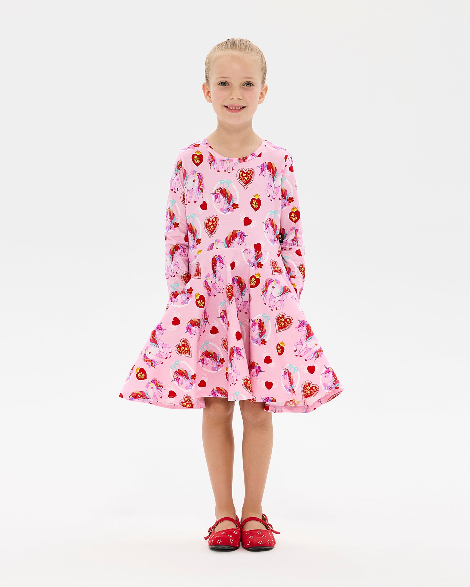 UNICORN HEARTS LONG SLEEVE WAISTED DRESS