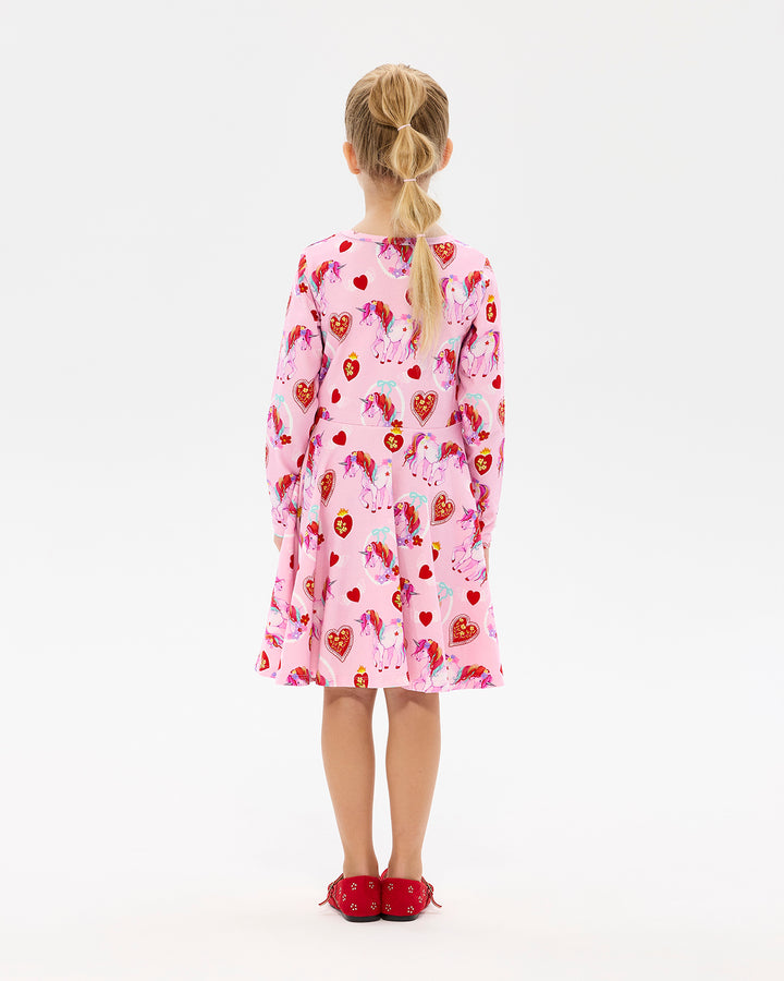 UNICORN HEARTS LONG SLEEVE WAISTED DRESS