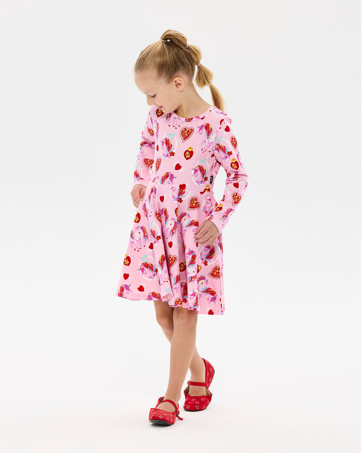 UNICORN HEARTS LONG SLEEVE WAISTED DRESS