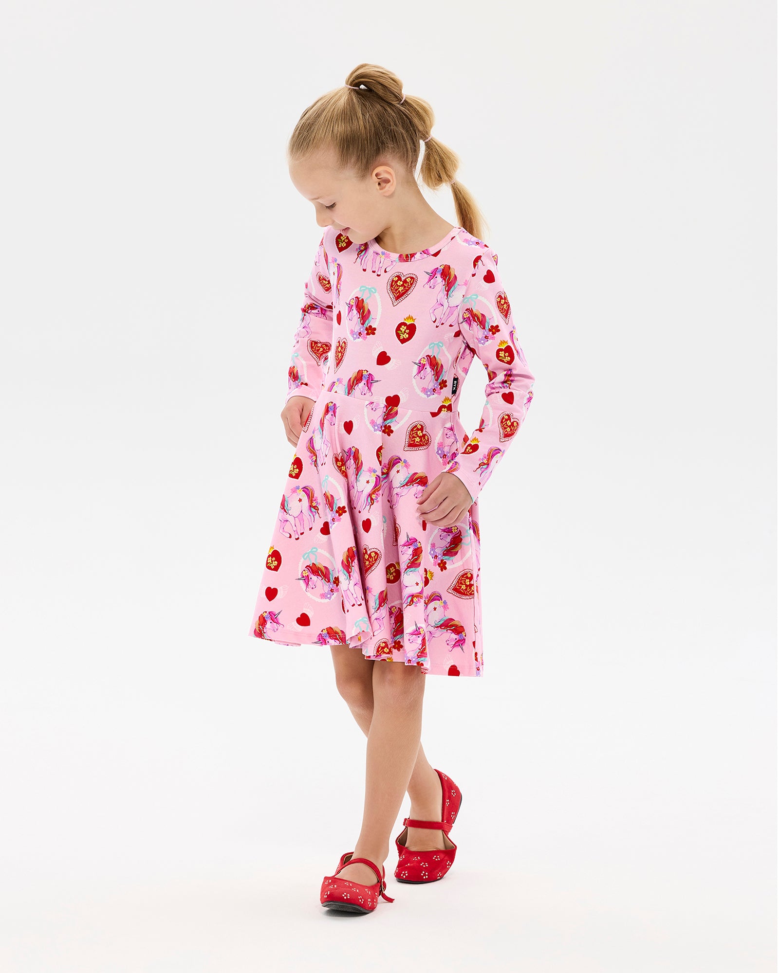UNICORN HEARTS LONG SLEEVE WAISTED DRESS