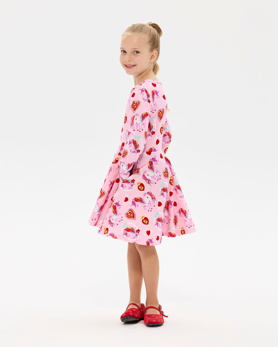 UNICORN HEARTS LONG SLEEVE WAISTED DRESS