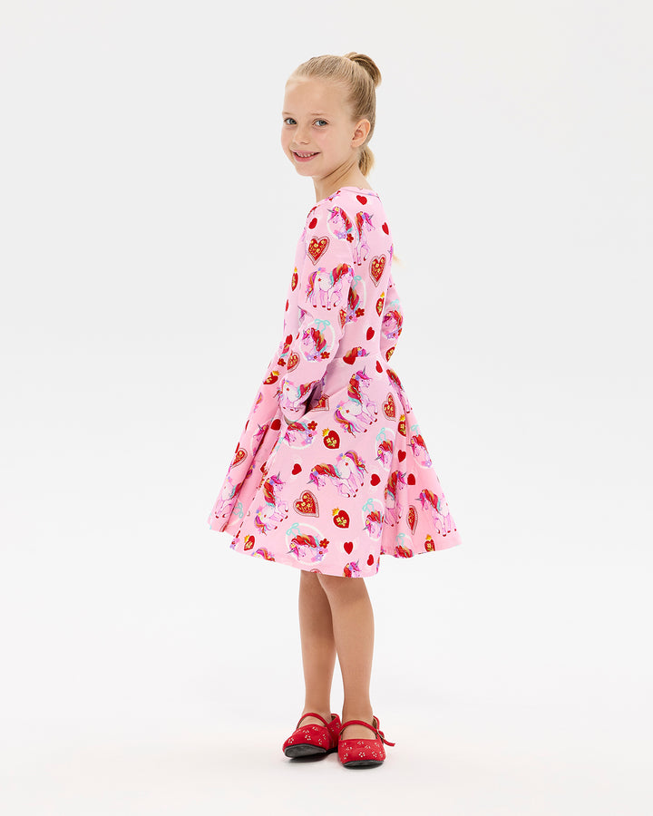 UNICORN HEARTS LONG SLEEVE WAISTED DRESS