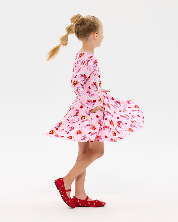 UNICORN HEARTS LONG SLEEVE WAISTED DRESS