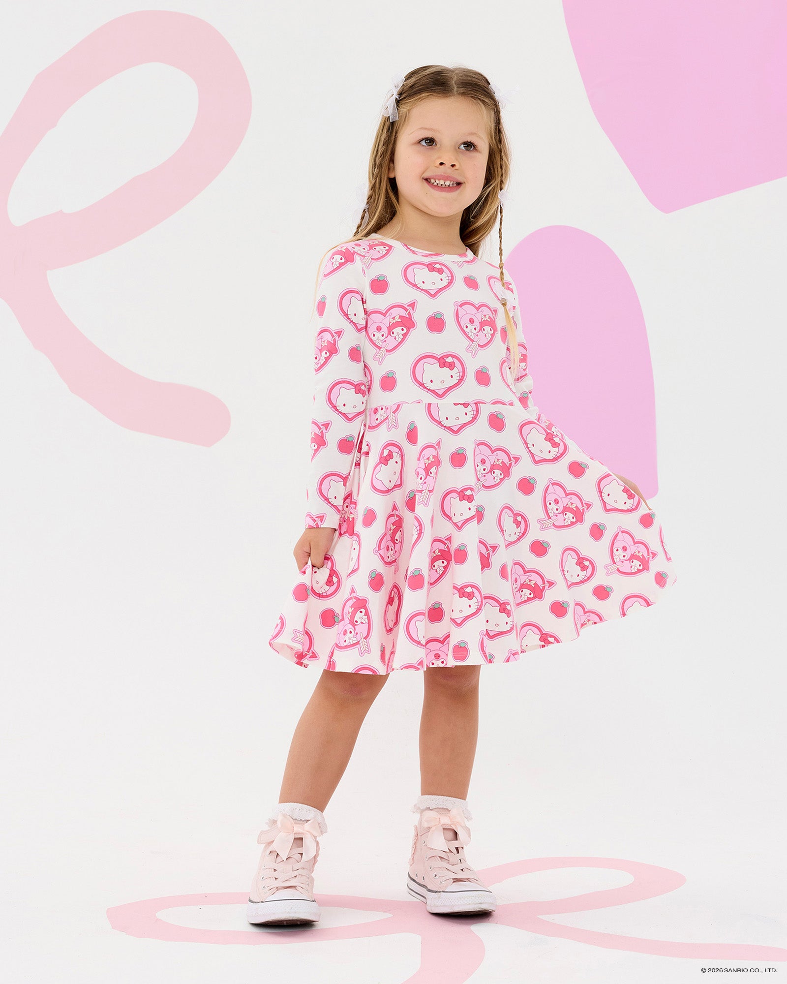 HELLO KITTY STICKERS LONG SLEEVE FLARE DRESS