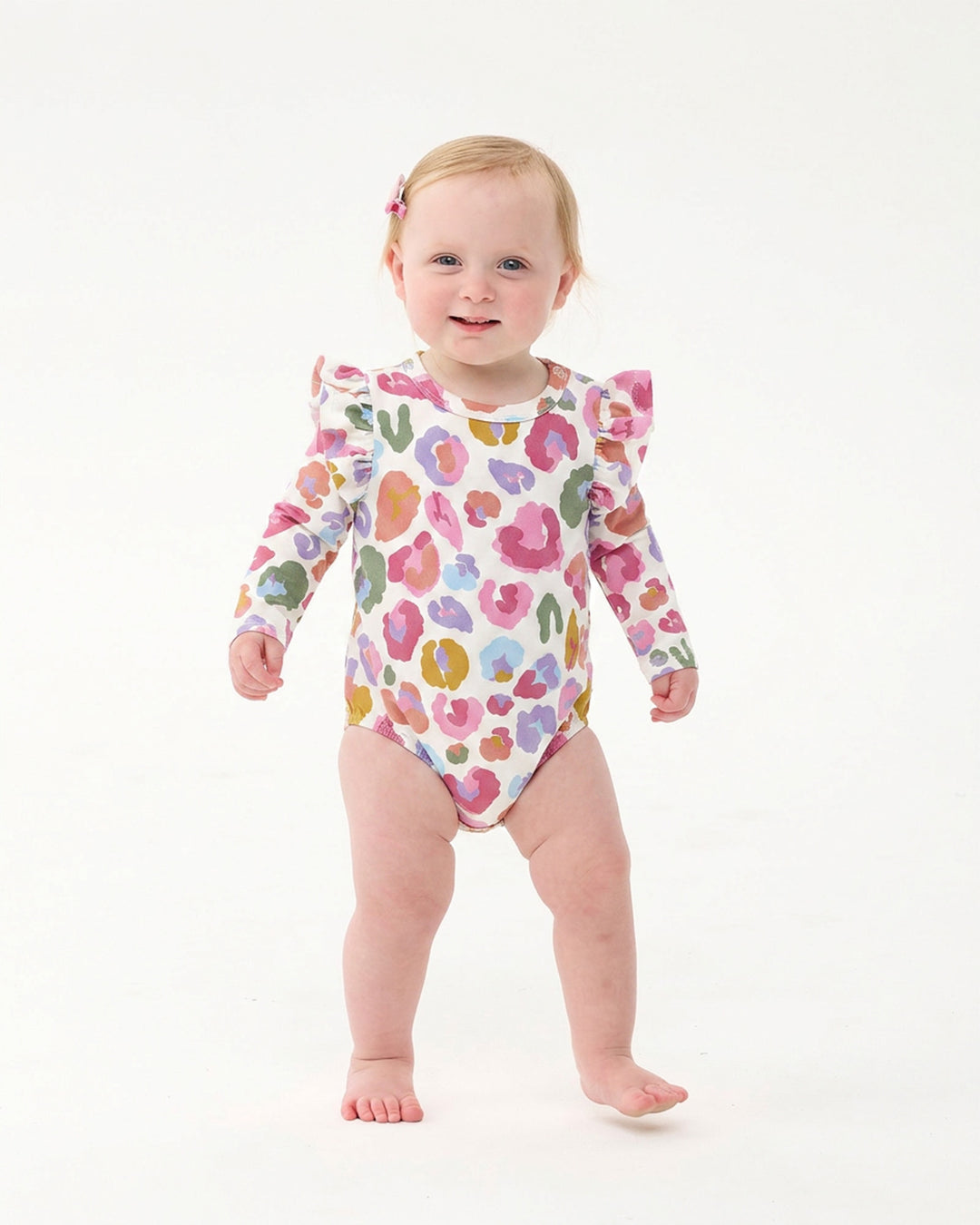 RAINBOW LEOPARD LONG SLEEVE FRILL BUBBLE BODYSUIT