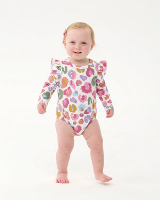 RAINBOW LEOPARD LONG SLEEVE FRILL BUBBLE BODYSUIT
