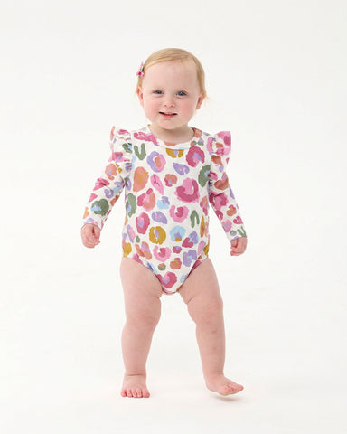 RAINBOW LEOPARD LONG SLEEVE FRILL BUBBLE BODYSUIT
