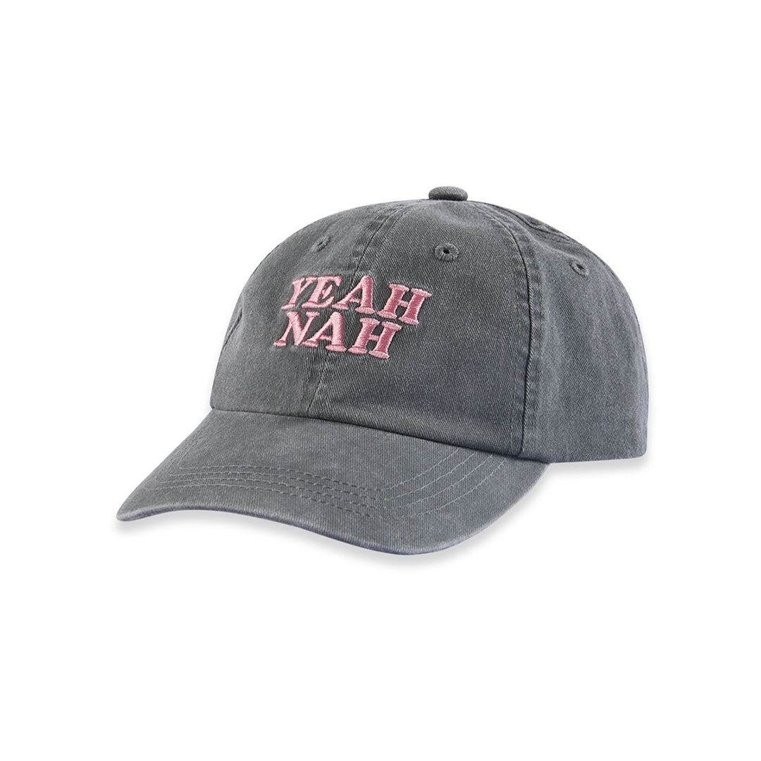 Yeah Nah kids cotton cap in charcoal with pink embroidery, product view