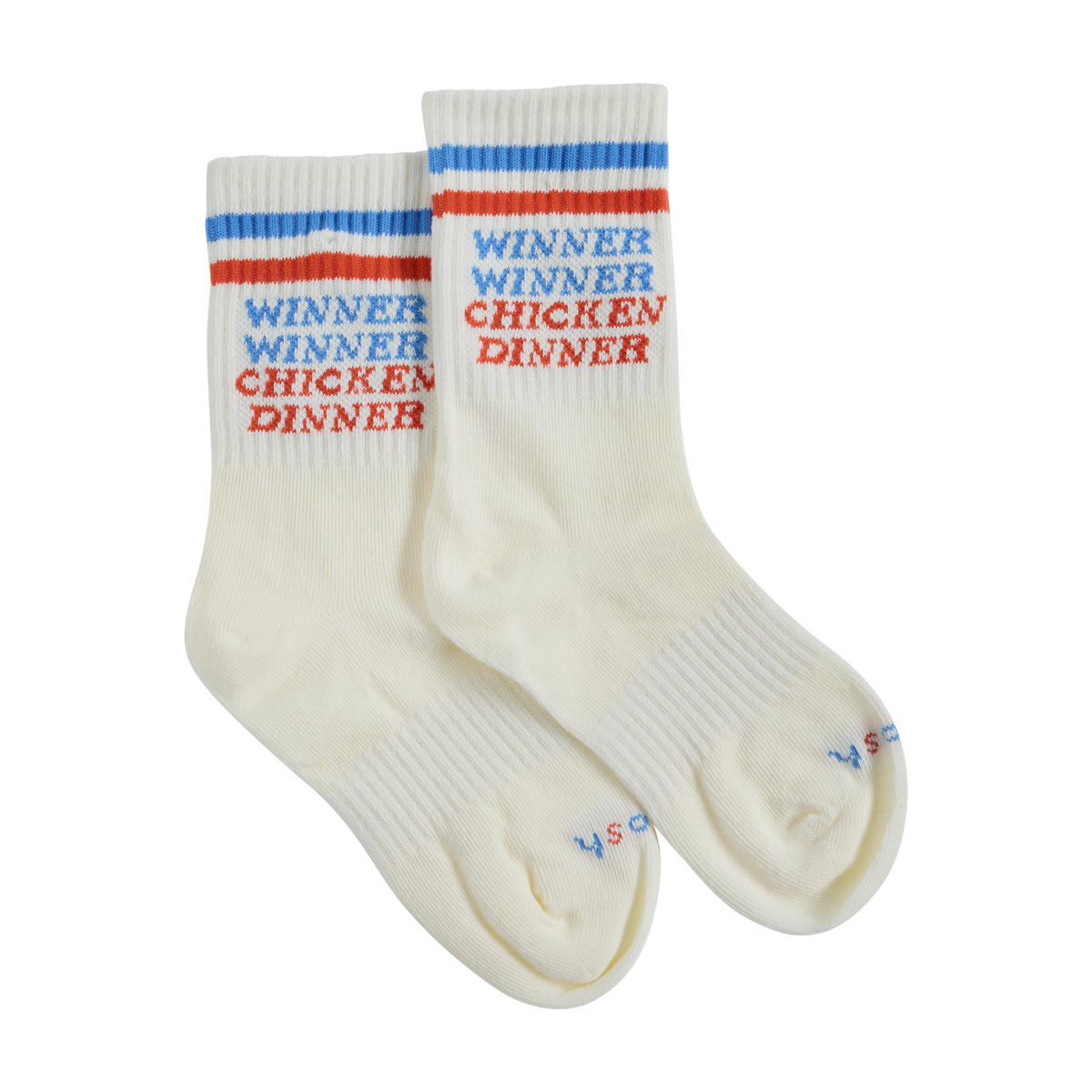 Chicken Dinner kids socks in multi stripe with winner winner lettering