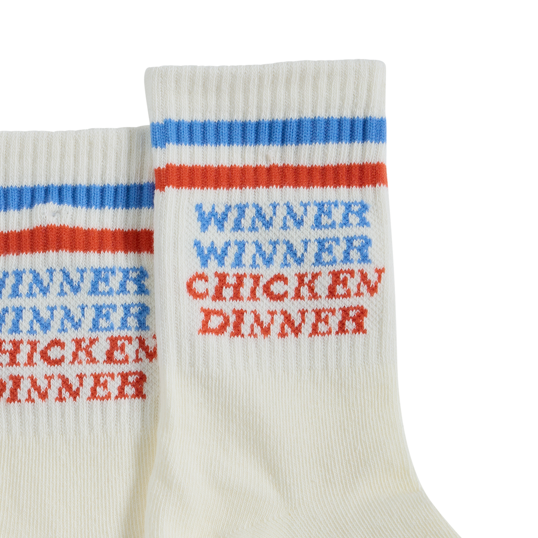 Pair of Chicken Dinner kids crew socks in multi stripe