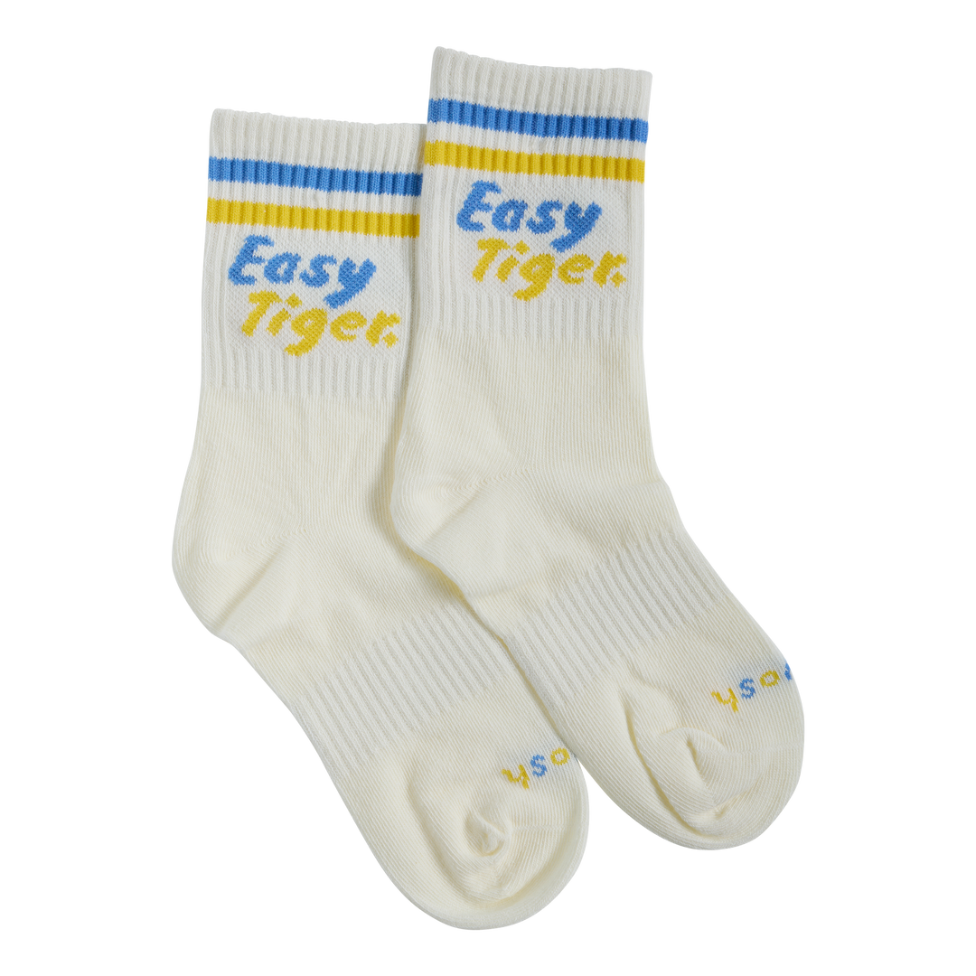 Easy Tiger kids socks in multi stripe with blue lettering