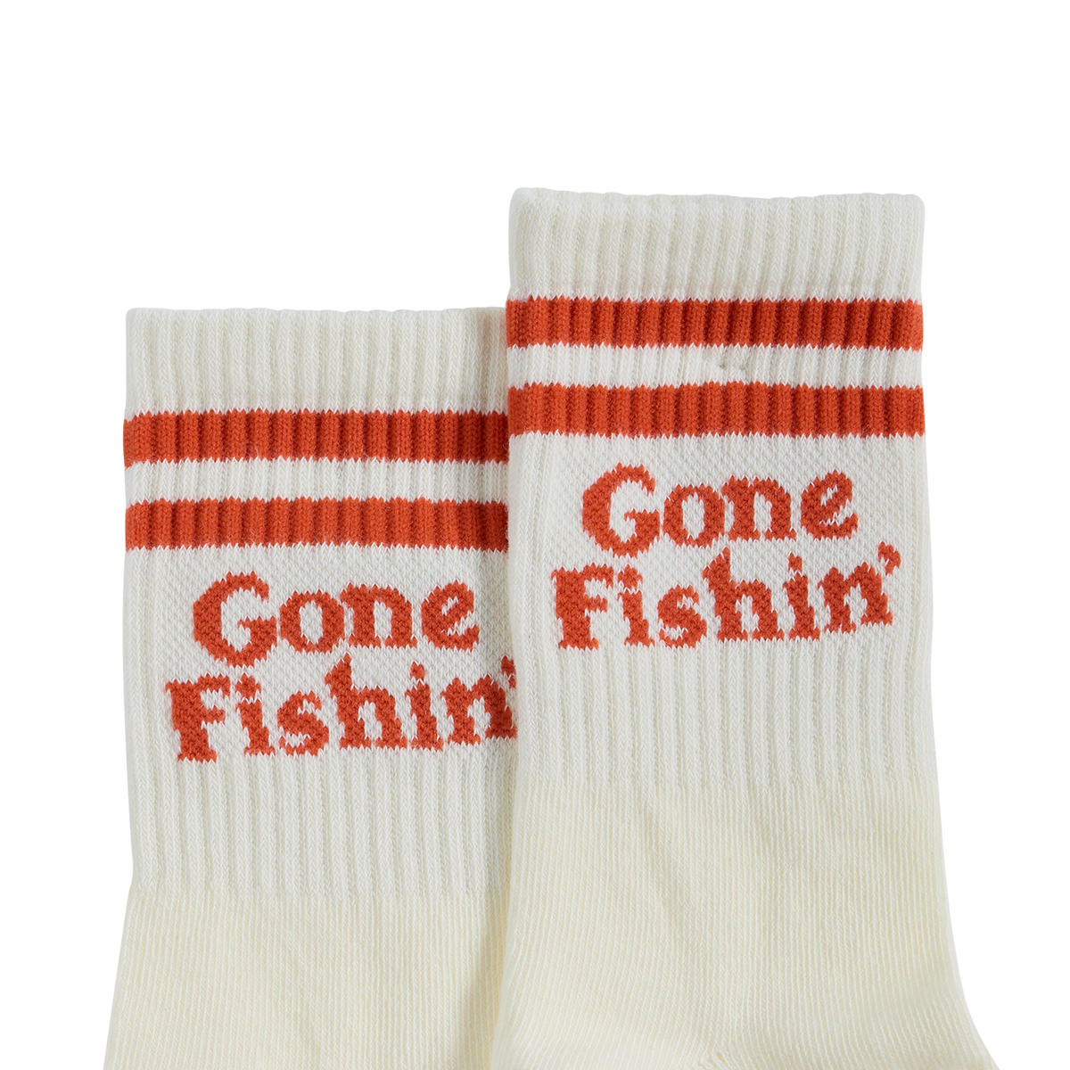Pair of Gone Fishin kids crew socks in red stripe