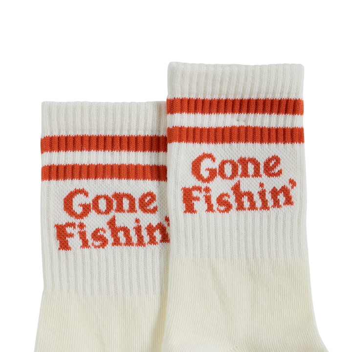 Pair of Gone Fishin kids crew socks in red stripe