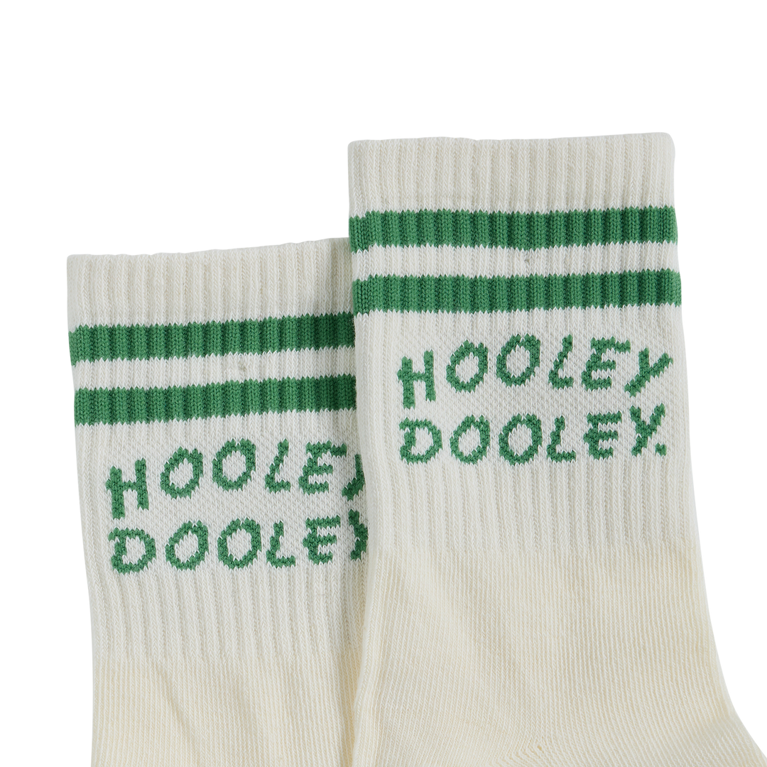 Pair of Hooley Dooley kids crew socks in green stripe