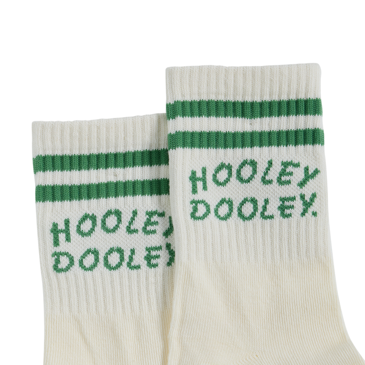 Pair of Hooley Dooley kids crew socks in green stripe