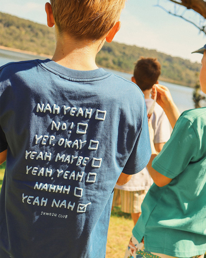 Yeah Nah Boys Back Print Tee in Navy