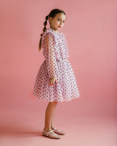 POLKA DOT FLOCK TULLE PARTY DRESS IN SOFT PINK