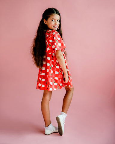 CHERRY CHECK SHORT SLEEVE BOWIE DRESS