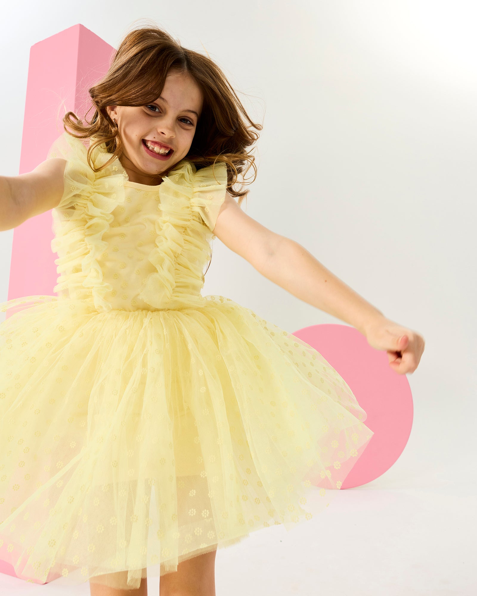 RUFFLE TULLE DRESS IN LEMON