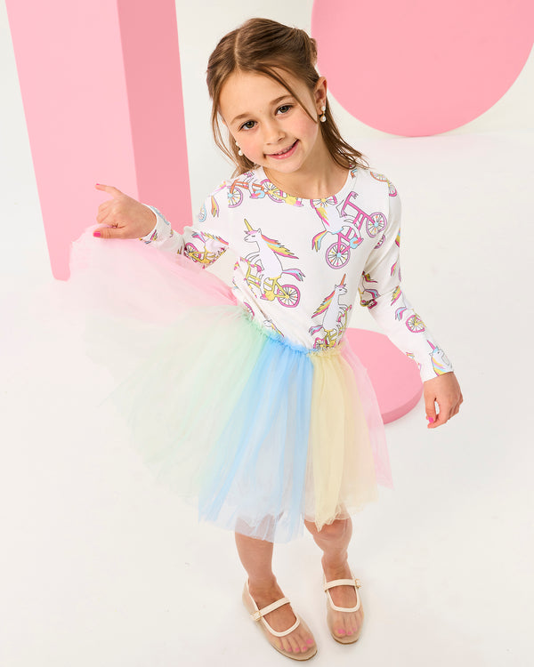 UNICORN BIKE CIRCUS LONG SLEEVE DRESS IN CREAM