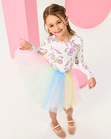 UNICORN BIKE CIRCUS LONG SLEEVE DRESS IN CREAM