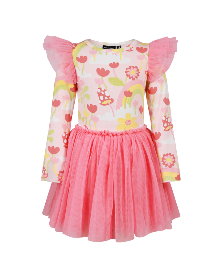 MUSHROOM WORLD CIRCUS LONG SLEEVE FRILL DRESS IN CORAL
