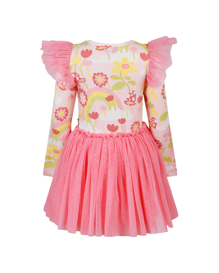 MUSHROOM WORLD CIRCUS LONG SLEEVE FRILL DRESS IN CORAL