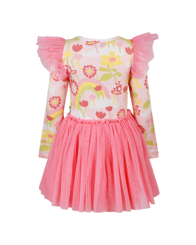 MUSHROOM WORLD CIRCUS LONG SLEEVE FRILL DRESS IN CORAL