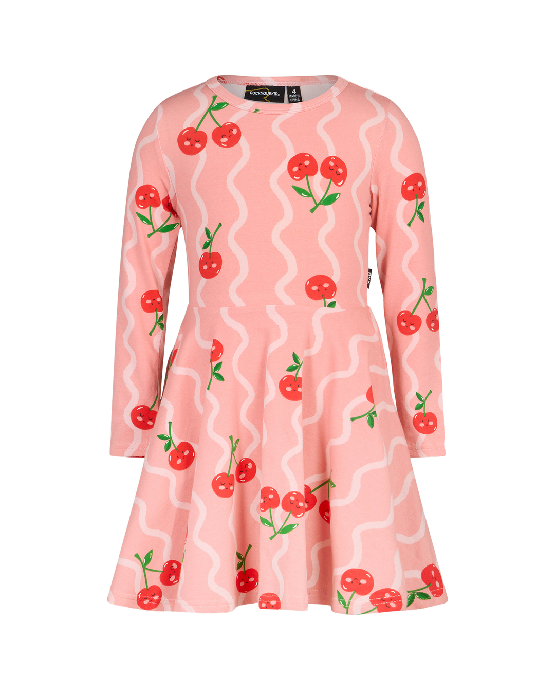 CHERRY SQUIGGLE WAISTED LONG SLEEVE DRESS | Rock Your Baby