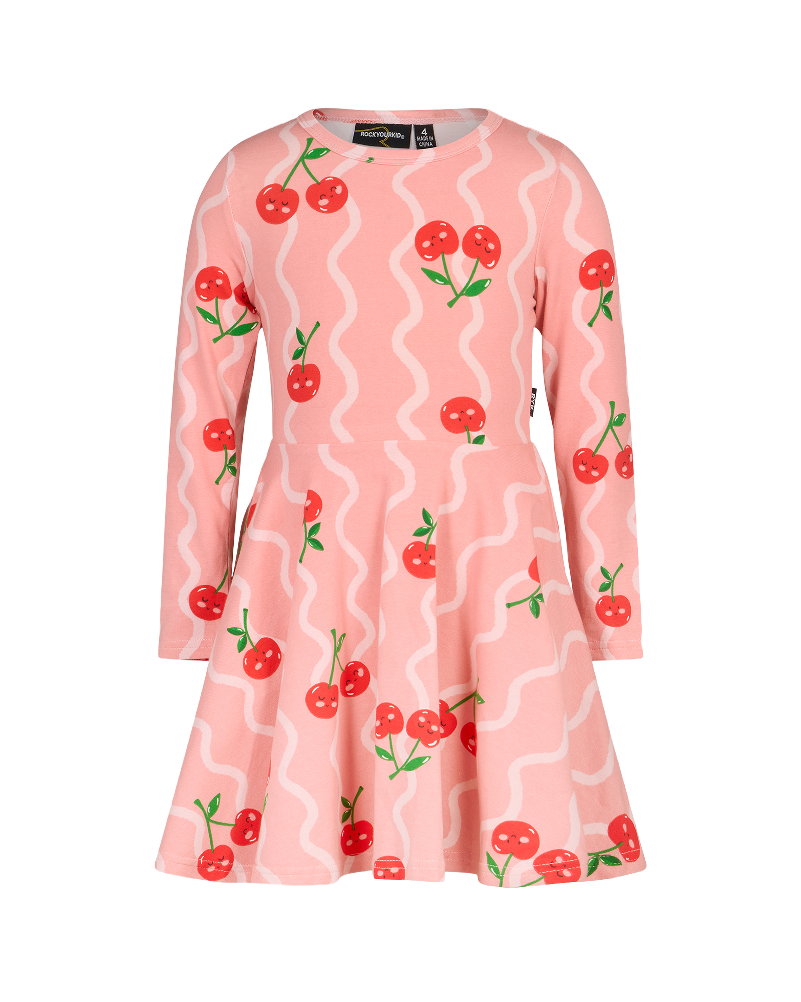 CHERRY SQUIGGLE WAISTED LONG SLEEVE DRESS | Rock Your Baby