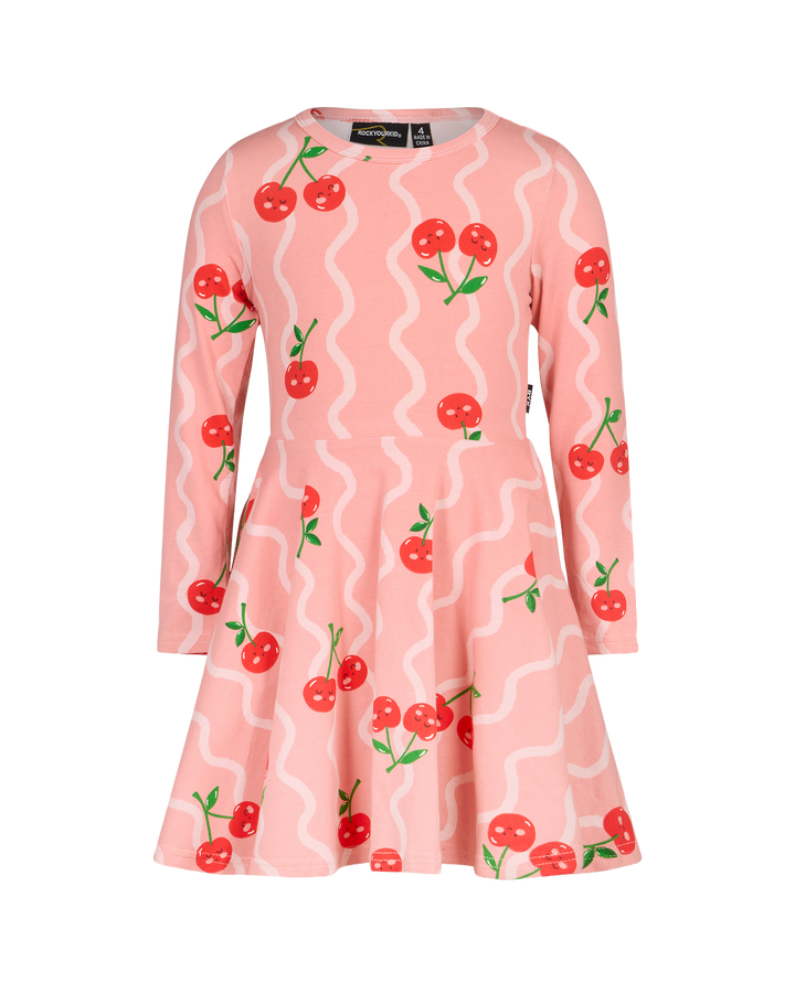 CHERRY SQUIGGLE WAISTED LONG SLEEVE DRESS | Rock Your Baby