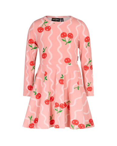 CHERRY SQUIGGLE WAISTED LONG SLEEVE DRESS