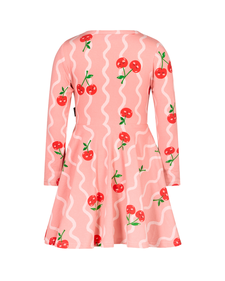 CHERRY SQUIGGLE WAISTED LONG SLEEVE DRESS