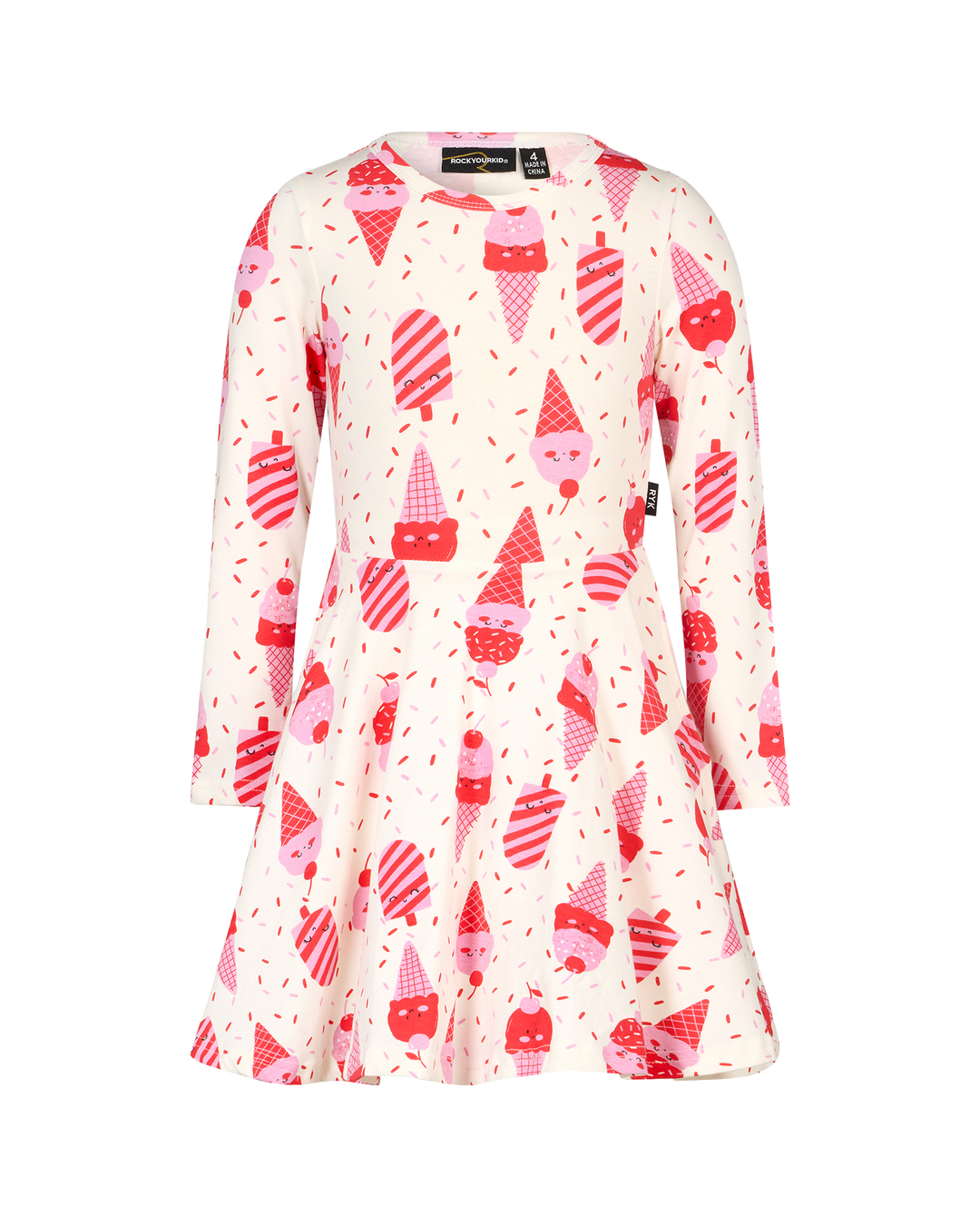 CHERRY ICE CREAM CHERRY LONG SLEEVE WAISTED DRESS | Rock Your Baby