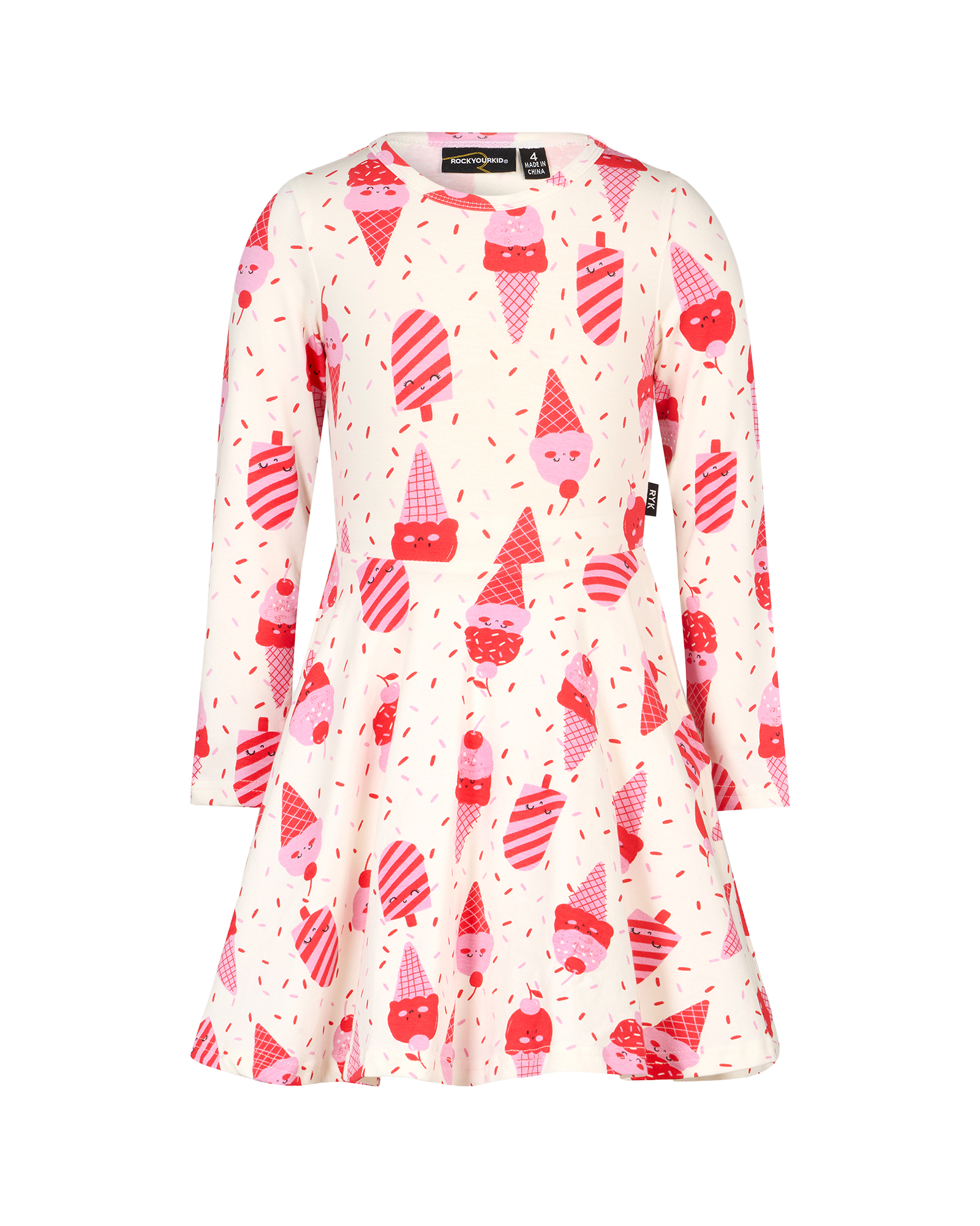 CHERRY ICE CREAM CHERRY LONG SLEEVE WAISTED DRESS | Rock Your Baby