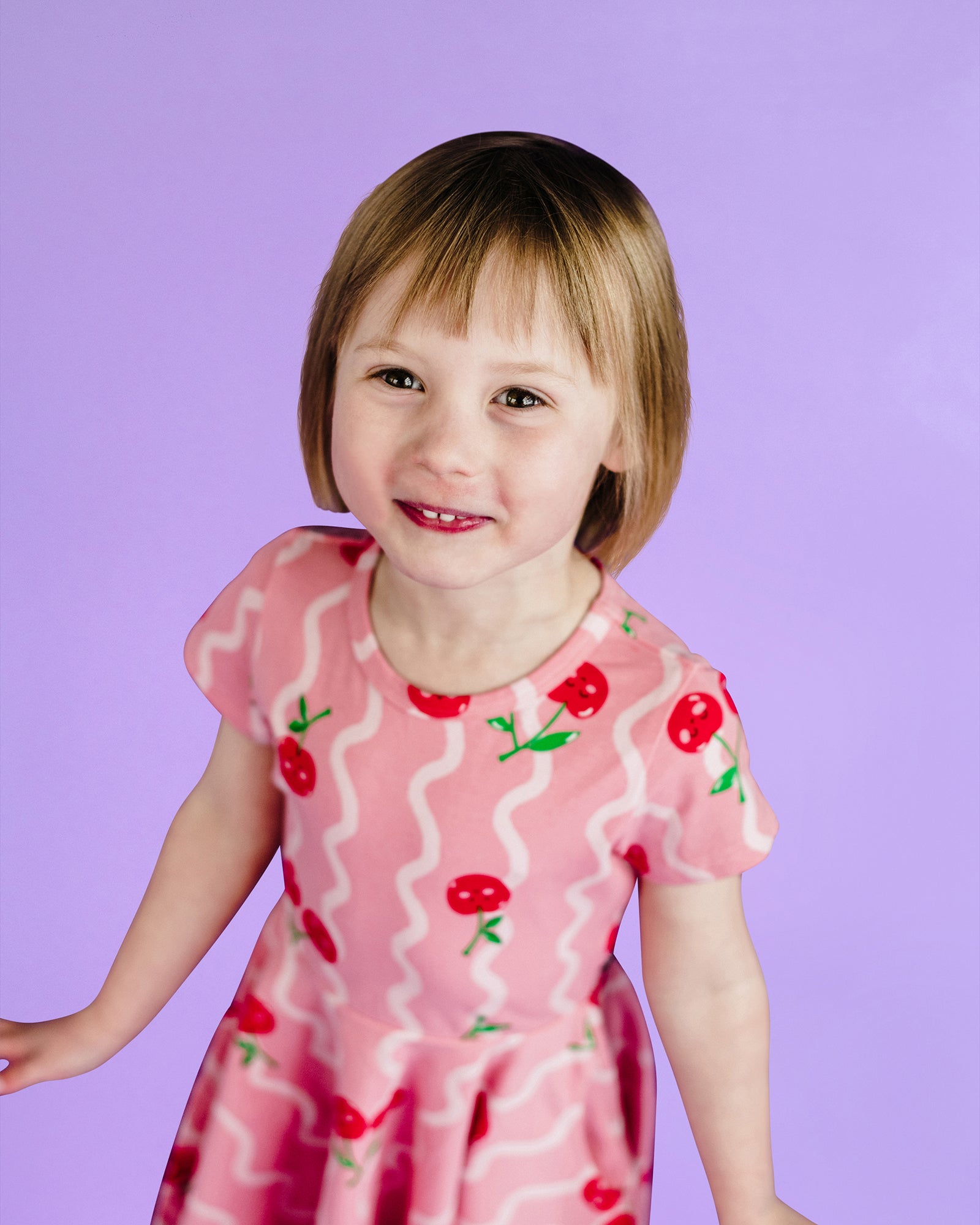 CHERRY SQUIGGLE SHORT SLEEVE WAISTED DRESS