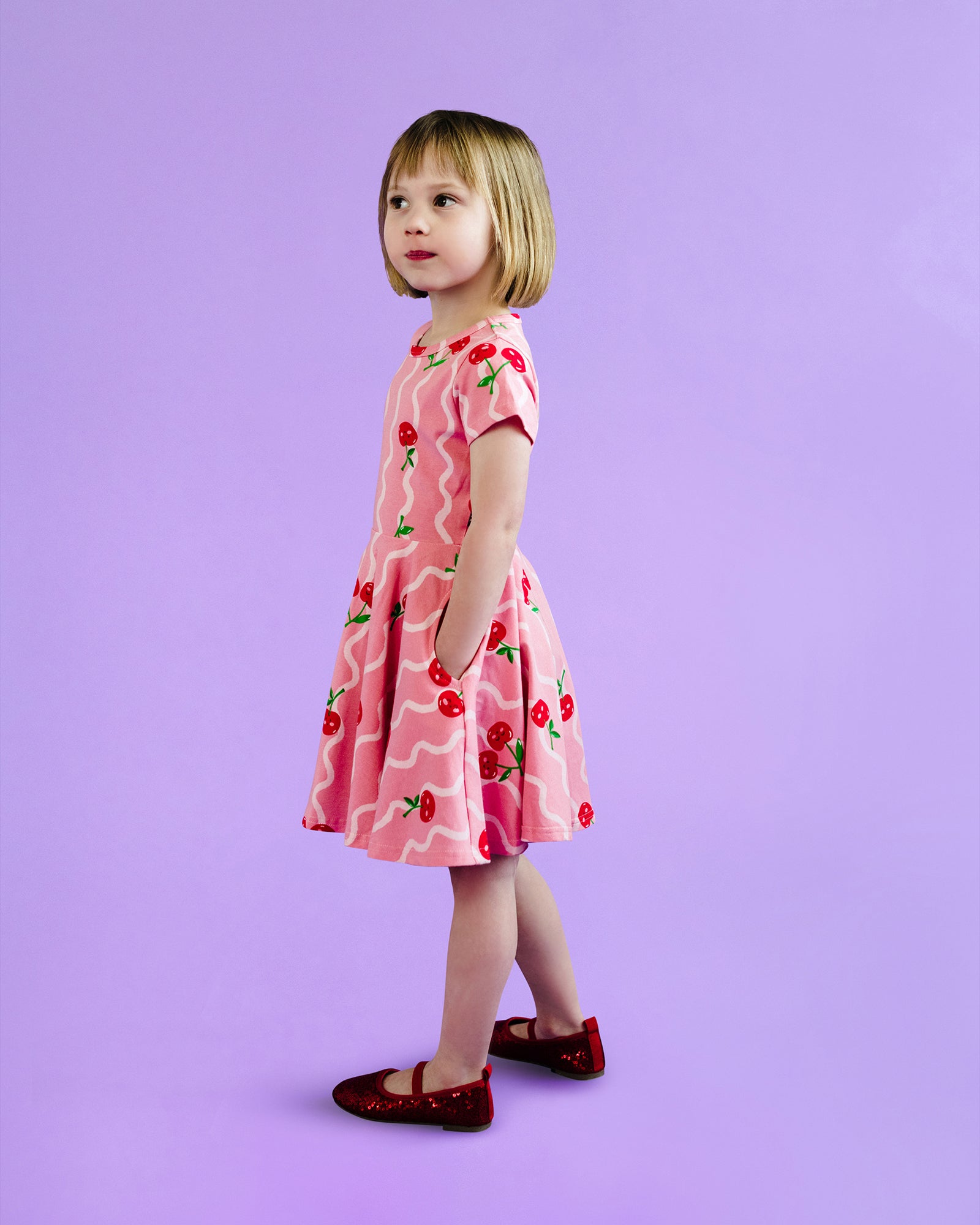 CHERRY SQUIGGLE SHORT SLEEVE WAISTED DRESS