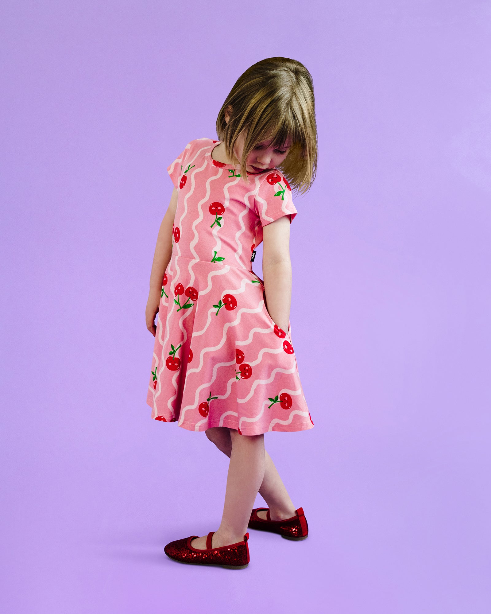 CHERRY SQUIGGLE SHORT SLEEVE WAISTED DRESS