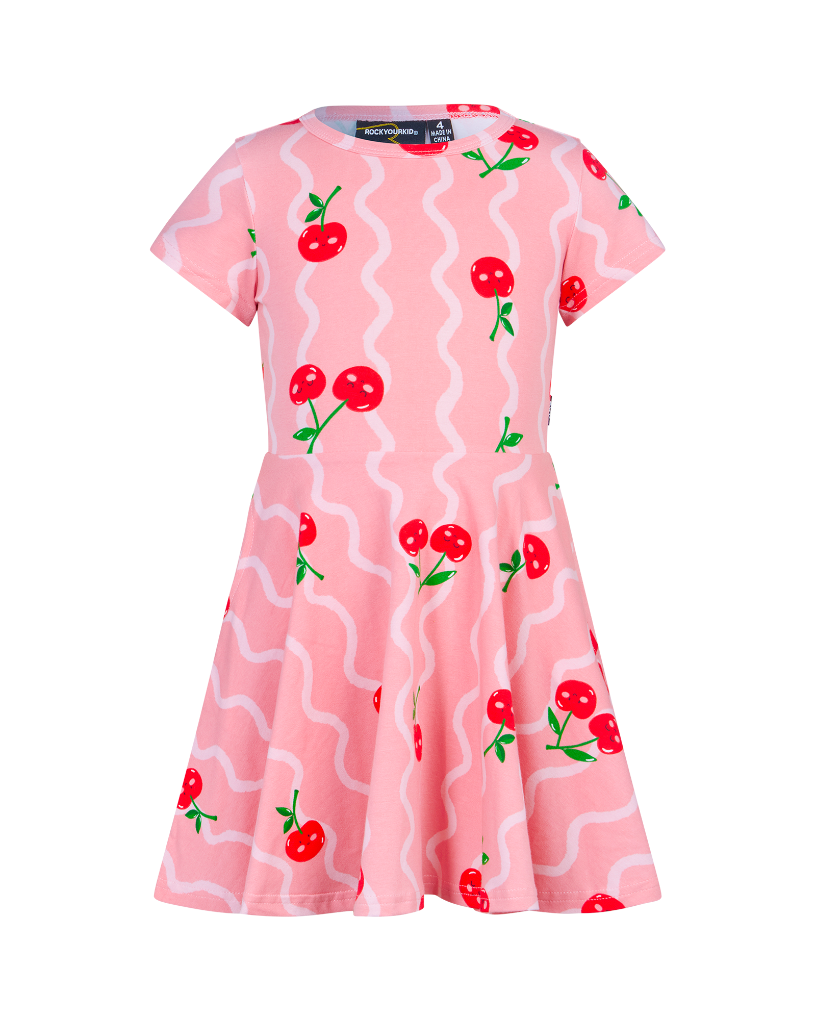 CHERRY SQUIGGLE SHORT SLEEVE WAISTED DRESS