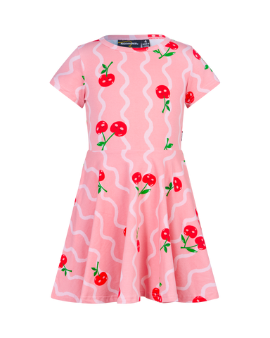 CHERRY SQUIGGLE SHORT SLEEVE WAISTED DRESS
